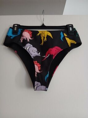 High-Waist Black Bikini Bottom with Colorful Dino Print